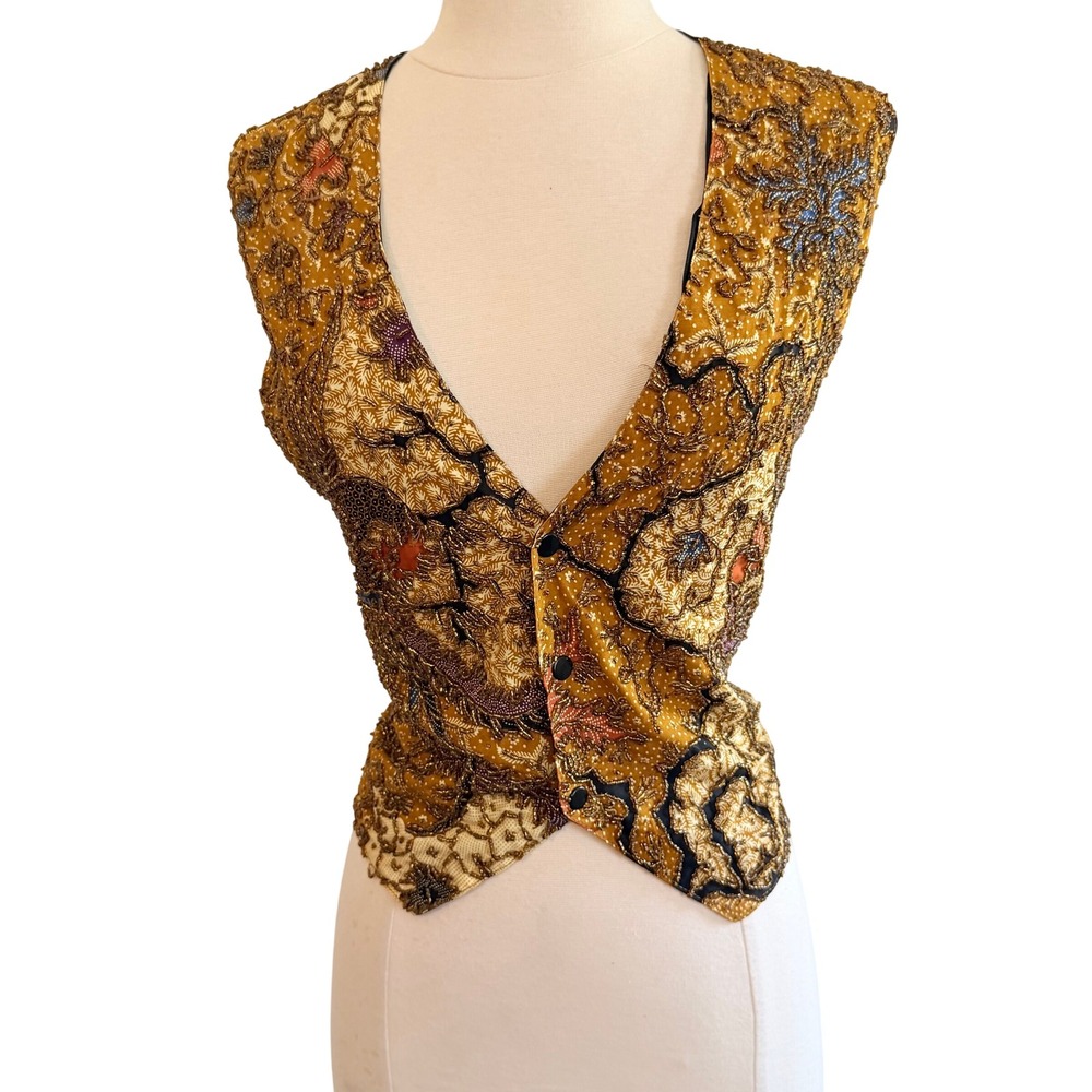 Kenar Vintage Beaded Batik Floral Vest Mustard Yellow Black Back Size M‎